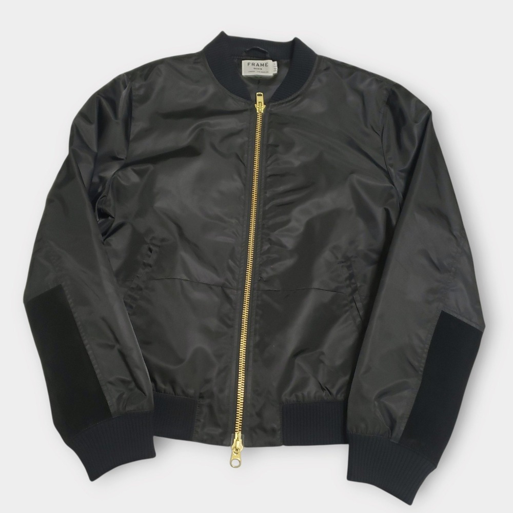Frame Denim Mens Flight Black Bomber Jacket Gold Zipper Large Full Zip Coat
